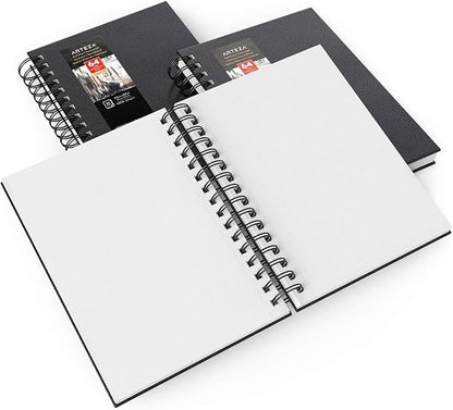 ARTEZA Watercolor Sketchbook Set, 3-Pack, 64 Pages per Book, 5.5 x 8.5 Inches, Black Hardcover Spiral Notebooks, 140-Pound Premium Watercolor Paper for Artists