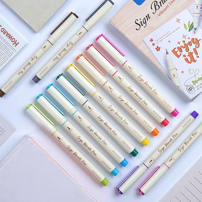 WRITECH Brush Tip Marker Pens: Artist Markers Flexible Tip Water Based 12ct Assorted Colors for Journaling Adult Coloring Hand Lettering Calligraphy Drawing Vibrant Colored