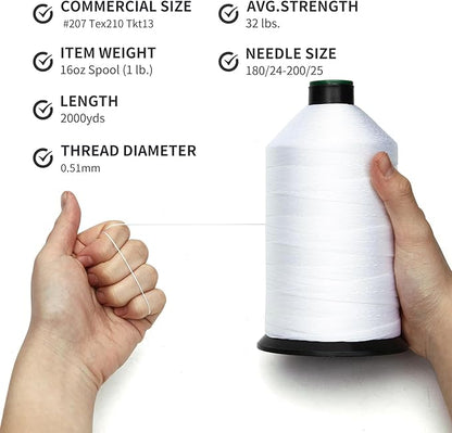 Extra Strong Bonded Nylon Thread #207 Tex210 – 16 OZ, 2000yds, Versatile Stitching Solution for Leather, Upholstery, Canvas Repair and More (White)