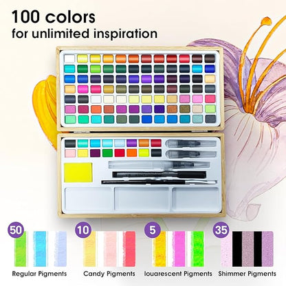 Watercolor Paint Set,100 Colors in Nature Bamboo Box,Portable Water Colors Kit with Papers and Brush Pens,Great for Kids Adults Beginners & Professionals（bamboo）