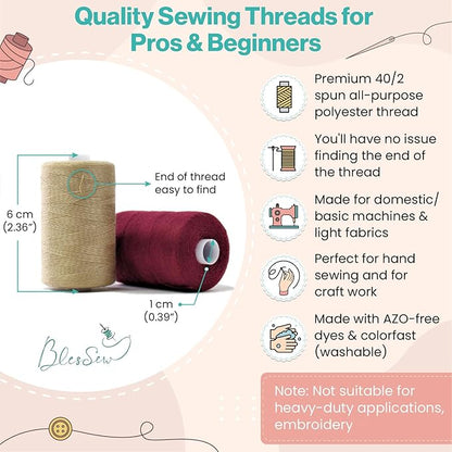 Sewing Thread-24 Spools of Polyester Thread for Sewing Machine for Beginners, Hand Stitching & Quilting-1000 yds Each in 22 Colors+Bonus Black & White