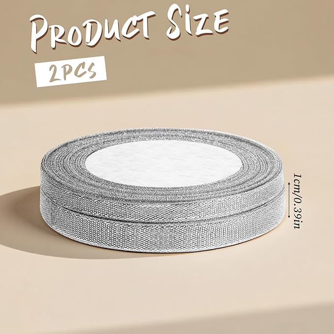 3/8 Inch Silver Glitter Ribbon 50yard (2rolls) Sparkly Metallic Fabric Ribbons Silver Organza Shimmer Sheer Ribbon for Gifts DIY Party Wrapping Wedding Decoration and Crafts