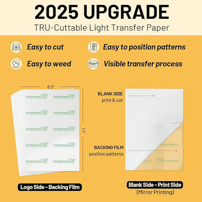 TransOurDream Heat Transfer Paper for t Shirts Heat Press (10 Sheets, 8.5"x11") Printable Heat Transfer Vinyl for Inkjet Printer Light Iron on Transfers for Tshirts Cuttable & Self-Positionable