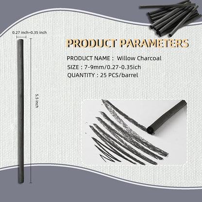 25 PCS Willow Charcoal Sticks, Ideal for Artists, Beginners, Students, Perfect for Sketching, Drawing, Shading, and Fine Art, 5.7 Inches Long, 2-4,4-5,5-7,7-9 (7-9)