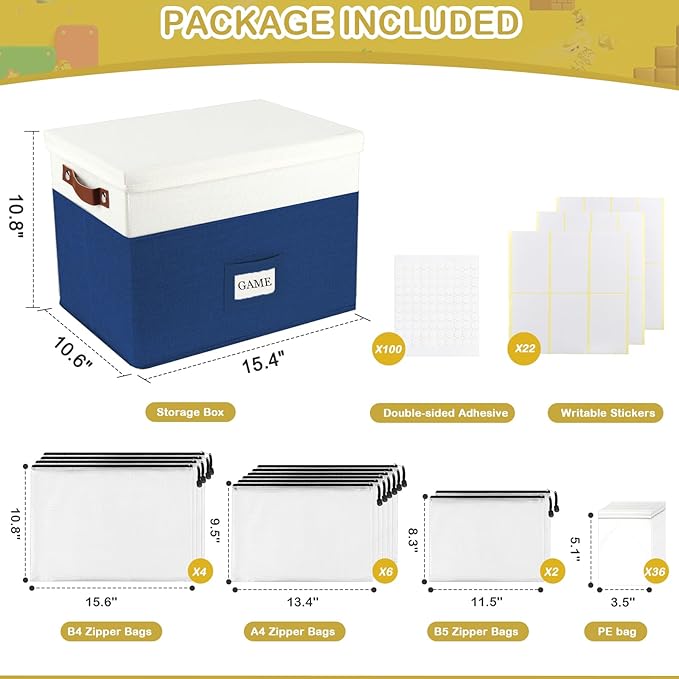 Board Game Storage with 12pcs Zipper Bags and Writable Stickers, Board Game Organizers Storage with Lid for Office Supplies, Puzzles, Video Game, Craft Product (2-Pack Large)