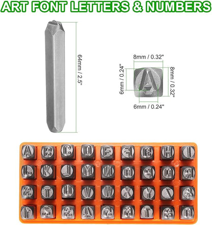 HARFINGTON 36pcs Metal Stamping Kit 1/4" (6mm) Steel Uppercase Letter and Number Punch Set (A-Z / 0-8 / "&" Symbol) Punch Press Tool with Case for Imprinting Metal Plastic Wood Leather