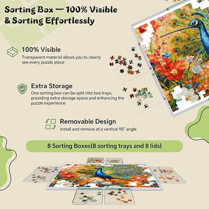 2000 Pieces Puzzle Board 3-in-1 Double-Sided & Rotating & Tilting, Plastic Puzzle Table with Sorting Boxes and PVC Cover, Portable Lazy Susan Jigsaw Puzzle Board for Adults, Gray Green