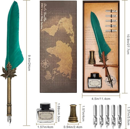 AHIER Quill Pen and Ink Set, Feather Pen Quill Pen Set Includes 5 Steel Replacement Nibs,Pen Nib Base and Dip Ink Bottle for Antique Calligraphy