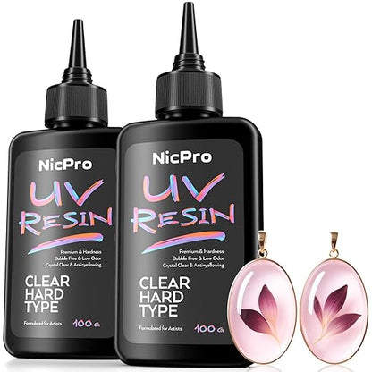 Nicpro UV Resin 200g, 2 PCS Crystal Clear UV Glue Hard, High Viscosity & Quick Curing UV Epoxy Resin Kit for Jewelry Making, Craft, Doming, Coating and Casting