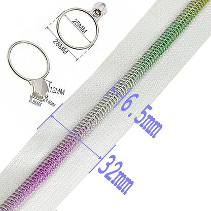 Leekayer #5 Rainbow Teeh Metallic Nylon Coil Zippers by The Yard Bulk 10 Yards White Zipper Tape with 25pcs Silver Ring Pull Sliders for DIY Sewing Tailor Craft Bag(White)