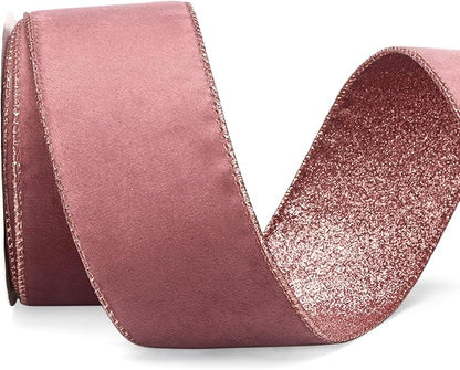 Ribbli Rose Gold Velvet Wired Ribbon 2.5 Inch Dusty Rose Velvet with Rose Gold Glitter Christmas Ribbon for Christmas Tree Decoration Big Bow Gift Wrapping Crafts Wreaths Supplies- 10 Yards