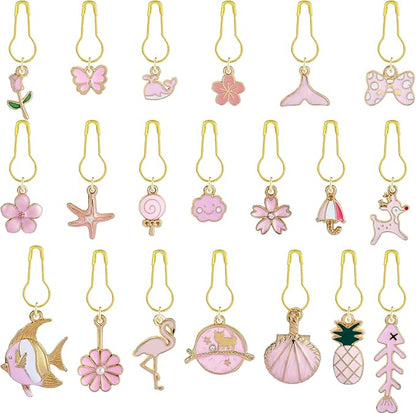 BEEFLYING 20Pcs Cute Mixed Pink Stitch Markers, Alloy Enamel Knitting Stitch Marker Charms Pendants for Sewing Crocheting and Knitting