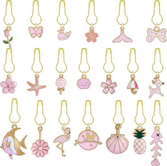 BEEFLYING 20Pcs Cute Mixed Pink Stitch Markers, Alloy Enamel Knitting Stitch Marker Charms Pendants for Sewing Crocheting and Knitting