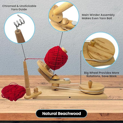 Wooden Yarn Ball Winder – Hand Crank Beechwood Swift for 8–12 oz Skeins – Large Capacity Wool Fiber Winder for Knitting & Crochet (Beachwood Winder)