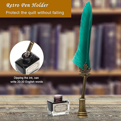 AHIER Quill Pen and Ink Set, Feather Pen Quill Pen Set Includes 5 Steel Replacement Nibs,Pen Nib Base and Dip Ink Bottle for Antique Calligraphy