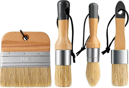 Chalk Paint Brushes Set of 4, Wax Brushes, Flat Pointed and Round Brush with Natural Bristles for Chalk Paint and Wax, Perfect for Painting or Waxing Furniture, Ideal for Home Decor