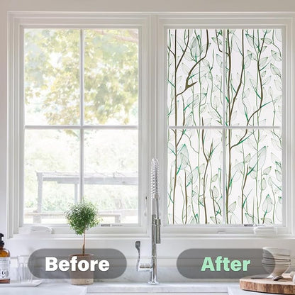 Donox Frosted Glass Window Film Heat Control UV Blocking, Static Cling Reusable Home Bathroom Door Window Privacy Film, Green Leaf Pattern Window Covering with Installation Tool, 17.5 in x 13.1 feet