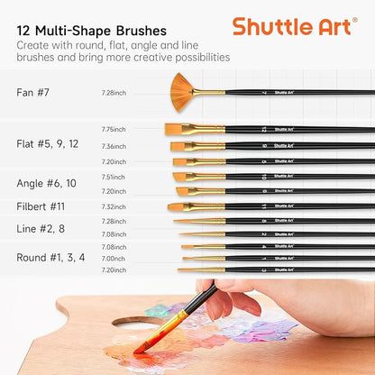 Shuttle Art Acrylic Paint, 42 Colors Acrylic Paint Set with 12 Brushes, 2oz/60ml Bottles, Rich Pigmented, Water Proof, Premium Paints for Artists, Beginners and Kids on Canvas Rocks Wood Ceramic