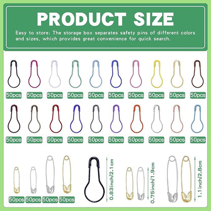 1200 Pcs 22 Colors Metal Safety Pins,Bulb Gourd Pins Pear Shaped Pins for Knitting Stitch Markers, Sewing Clothing DIY Craft Making with Storage Box