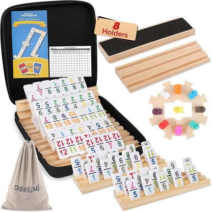 Mexican Train Dominoes Set with Numbers and 8 Wooden Holders, Double 12 Dominos Set for Kids, Adults Travel Domino Train with 91 Tiles and Upgrated Hub, Classic Board Games for Family Night