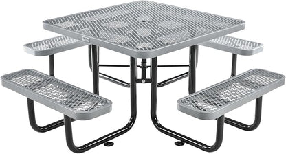 Global Industrial 46" Square Picnic Table, Expanded Metal, Gray Thermoplastic Coating, Attached Benches, 1-1/2” Umbrella Pole Hole, Outdoor-Rated, 1000 lb Capacity
