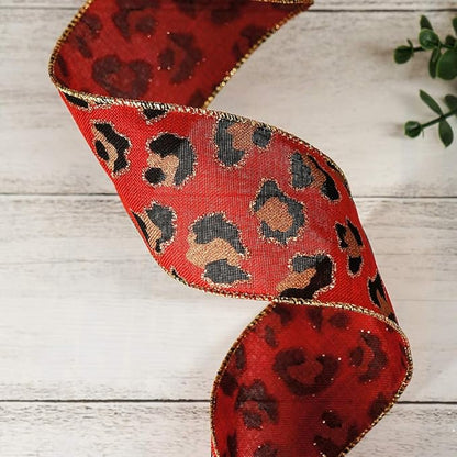 CT CRAFT LLC Burlap Leopard Fabric Wired Ribbon 2.5" x 10 Yards Red with Black and Gold Color for Christmas Home Wedding Decor Gift Wrapping Tree Topper Bow Wreath Bouquet DIY Crafts