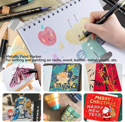TRANSON 12Colors Metallic Paint Markers Brush and Fine Dual-tip for Rock Wood Ceramic Canvas DIY Painting Drawing