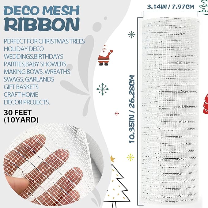 Anivia Deco Mesh Ribbon, 10inch x 30 Feet Each Roll Metallic Foil Mesh Ribbon for Wreaths Swags, Holloween, and Christmas Tree Decoration (White/Silver Foil)