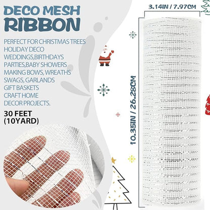 Anivia Deco Mesh Ribbon, 10inch x 30 Feet Each Roll Metallic Foil Mesh Ribbon for Wreaths Swags, Holloween, and Christmas Tree Decoration (White/Silver Foil)