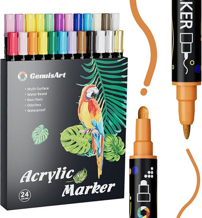 24 Colors Acrylic Paint Pens, Acrylic Paint Markers Dual Tip, with Dot Tip and Fine Tip, Acrylic Markers for Rock Painting, Wood, Canvas, Fabric, Paper, DIY Crafts Making Art Supplies (24)