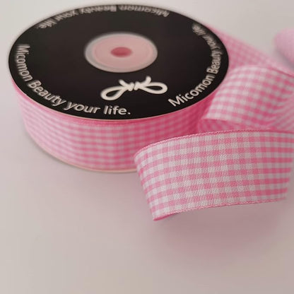 Pink and White Gingham Ribbon - 25 Yards Each Roll - 100% Polyester (1", Pink)