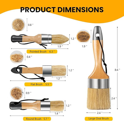 Chalk and Wax Paint Brush Furniture Set of 4, Small Round and Large Oval Brush with Natural Bristles, Perfect for Painting or Waxing Furniture, Ideal for Home Decor