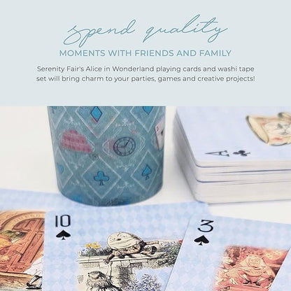 Blue Alice Adventures in Wonderland Playing Cards & Washi Tape Set - Stickers, Scrapbook Supplies, Crafts, Planner Accessories, Party Decor, Waterproof Card Games for Adults, Kids, Family & Travel