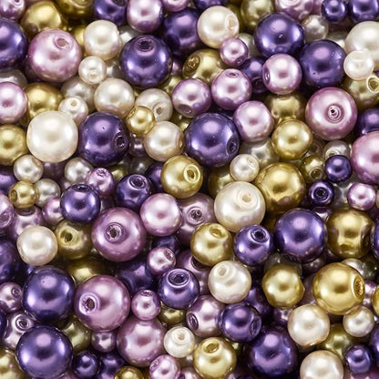 About 1840Pcs 4/6/8mm Glass Pearl Beads Pearlized Beads Multi Colors Round Spacer Beads for DIY Craft Jewelry Making Hole: 1mm, Mixed Purple&Light Yellow