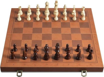 Magnetic Chess Set for Adult Kid, 15.4" Leather Chess Board with Handmade Chess Piece Including 2 Extra Queens and Storage Slot, Folding Portable Travel Chess Game for Beginner and Professional
