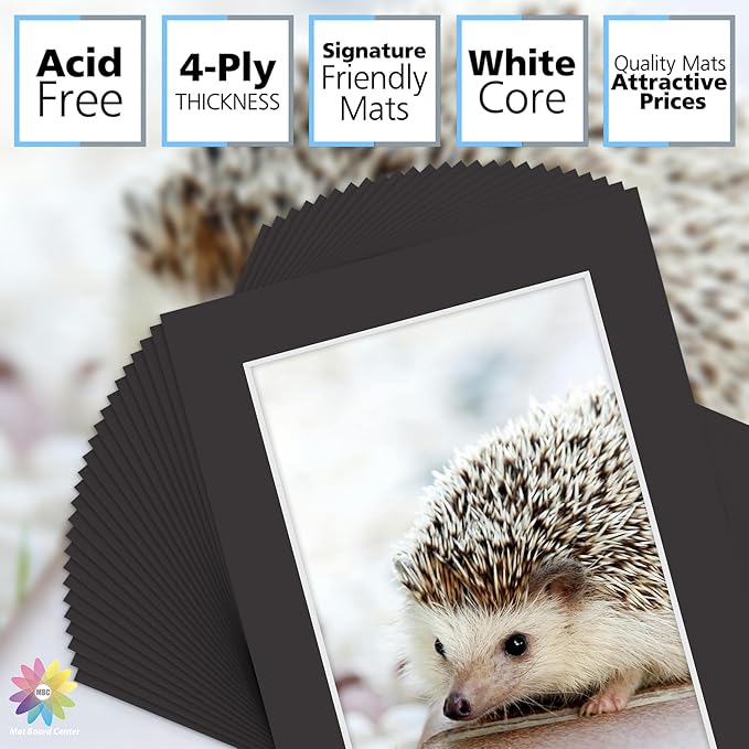 Mat Board Center, Pack of 25, 5x7 for 4x6 Black Mats - Acid Free, 4-ply Thickness, White Core - for Pictures, Photos, Framing