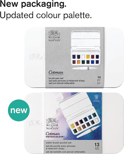 Winsor & Newton Cotman Watercolor Paint Set, 12 Half Pan w/ Water Brush Pen and Mixing Palette