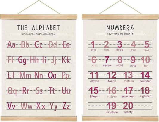 Alphabet and Numbers Wall Chart Set of 2 ,Kids Educational Posters,ABC and 1-20 Number Learning Banners for Toddlers, Preschool Classroom, Homeschool, Nursery, Playroom Decor 14 x 18.5 Inch(Pink)