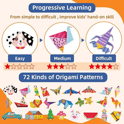 Origami Paper Kit for Kids Ages 5-8 8-12,152 Sheets Origami Paper - 72 Double Sided Patterns with Instructional Book,DIY Art Craft Projects,Travel Game Activity,Gift for Boys Girls Beginners