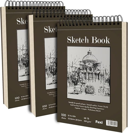 9"X12" Sketch Book Bulk, Top Spiral Bound Sketch Pad, 3 Pack 100 Sheets Each (68lb/100gsm), Acid Free Art Sketchbook Artistic Drawing Painting Writing Paper for Kids Adults Beginners Artists