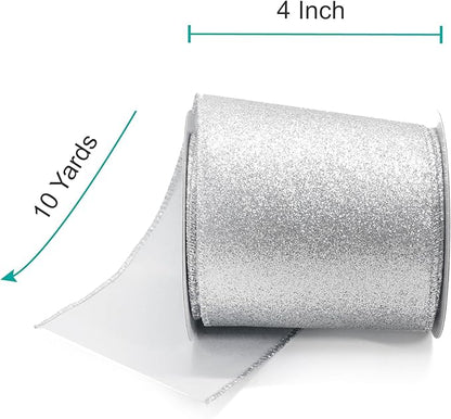 CT CRAFT LLC Glitter Wired Ribbon 4" x 10 Yards Silver for Christmas Home Decor Bow Gift Wrapping DIY Crafts Wreath