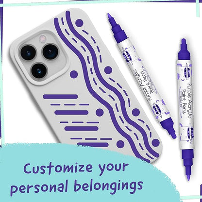 4 Dual Tip Purple Paint Pen Metallic - Fine Tip & Medium Acrylic Paint Markers - Purple Acrylic Markers for Metal, Wood, Rock Painting, Canvas, Ceramic, Glass, Fabric, Plastic - Water based Ink