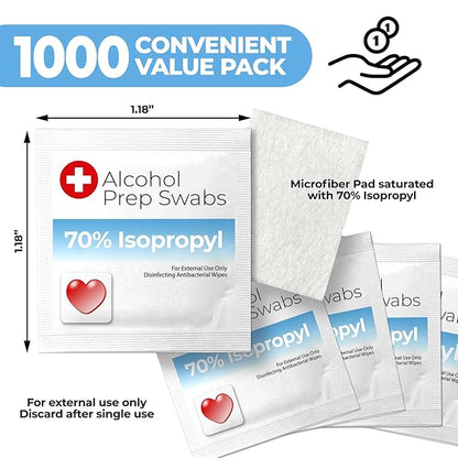 Alcohol Prep Pads - 70% Isopropyl Alcohol Wipes, 1000 Pack Individually Wrapped Alcohol Pads Bulk - Great for Home, Medical and First Aid Kits