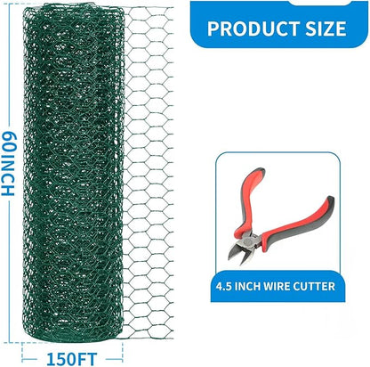 60'' x 150' Green Chicken Wire Fencing, 1 inch Chicken Wire and 20 Gauge Poultry Netting, Garden Mesh Fence Roll for Floral Arrangements/Crafts/Farm/Livestock/Pet Protection