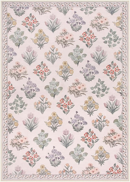 Wonnitar Pink Rugs for Bedroom Girls Nursery, Washable 5x7 Floral Rug, Boho Ultra-Thin Non Slip Soft Indoor Decor Carpet for Kids Room Playroom Living Room Dorm, Pale Pink