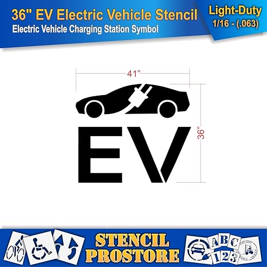 Pavement Stencils - 36 in - Electric Vehicle Silhouette with Plug and EV Letters - 35'' x 41'' x 1/16" (63 mil) - Light-Duty