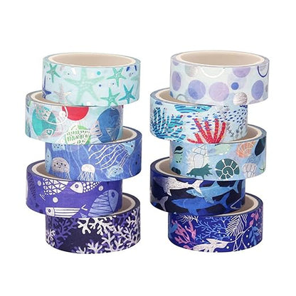 Blue Ocean Washi Tape Set 10 Rolls Bronzing Sea Decorative Masking Tapes for Scrapbooking, Bullet Journal, Planner, DIY Crafts, Gift Wrapping