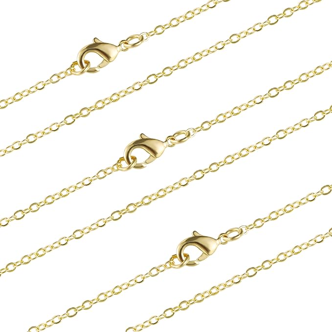 Wholesale 12 PCS Gold Plated Brass Flat Cable Chain Finished Necklace Chains Bulk for Jewelry Making (18 Inch(1.5MM))