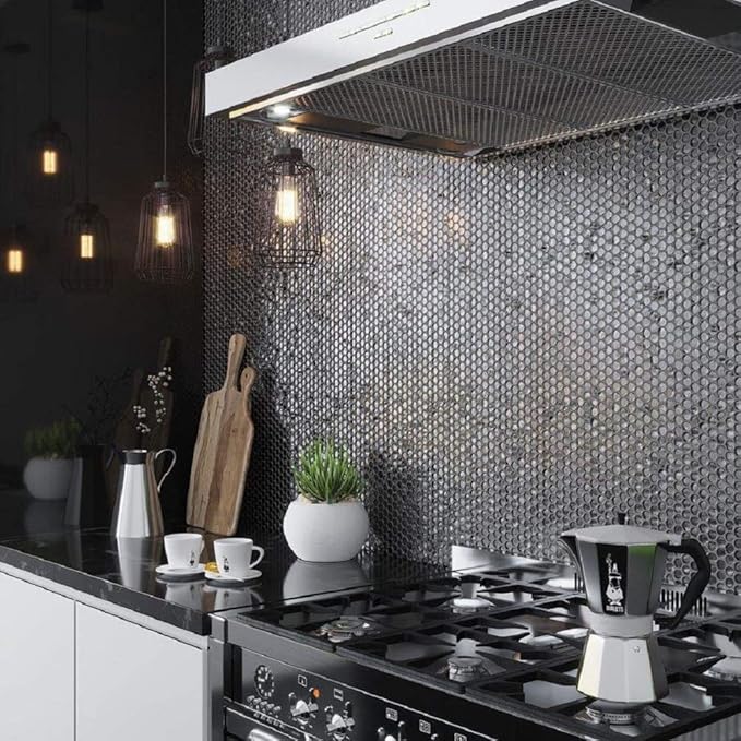 Glass Penny Round 1.03 sq ft/Piece Pack of 1,Silver Penny Round Mosaic Glass Tile – 12.2 x 12.2 Inch - Luxurious Design for Bathroom Walls, Kitchen Backsplash, Shower Walls - Elegant Wall Décor