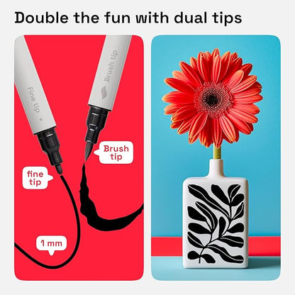ARTISTRO 5 Black Dual Tip Brush + Fine Acrylic Paint Markers - Easy for All Ages & Levels Paint Pens for Fabric, Rock, Glass, DIY - Halloween Pumpkin Painting Kit, Art Supplies, Christmas Gift
